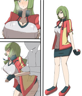 1boy 1girls ace_trainer_(pokemon) ace_trainer_(pokemon_oras) alternate_breast_size big_breasts blush breasts cleavage clothing color female from_behind fucked_silly green_eyes kazushige large_breasts legs_together long_hair male nintendo npc_trainer open_mouth penetration pokemon pokemon_oras pokemon_rse pussy sex shiny_skin skirt skirt_lift skirt_up straight tongue tongue_out vaginal_penetration
