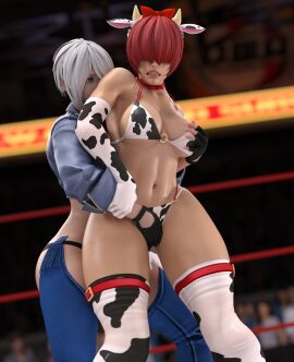 2girls 3d angel_(kof) catfight cow_bikini cow_girl cowkini crotch_grab female female_focus female_only fight fighting fighting_ring fingering fingerless_gloves fingers forced_fingering forced_orgasm forced_yuri gcb grabbing grabbing_from_behind king_of_fighters ryona shermie_(kof) wrestling wrestling_ring yuri