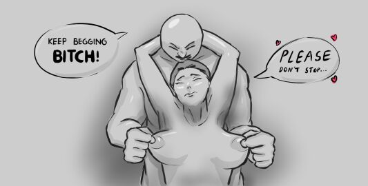 1boy 1girls arms_behind_head arms_up breasts caption dominant_male domination female greyscale male musk nipple_play nipples pulling_nipples sketch speech_bubble submissive_female toying