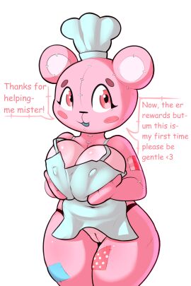 absurd_res animate_inanimate anthro apron apron_only bear big_breasts blush blush_stickers breasts chef_hat clothing dialogue female fluffolio genitals hat headgear headwear hi_res holding_breast living_plushie living_teddy_bear looking_at_viewer mammal mostly_nude nipple_outline open_mouth pink_body plushie pressing_breasts_together pussy seam_(sewing) simple_background solo teddy_bear thick_thighs white_background