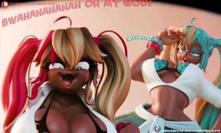 2girls 3d big_breasts blonde_hair blue_eyes blue_hair breasts carol_(carro3dsculpts) carro3dsculpts clothing curvaceous curvy curvy_figure dark-skinned_female dark_skin dialogue english_text female female_only gyaru huge_breasts laugh laughing layla_(carro3dsculpts) leopard_print long_hair mostly_clothed multicolored_hair open_mouth red_body silly silly_face sisters slim_waist text voluptuous voluptuous_female wide_hips