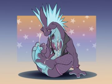 absurd_res anthro anus autofootjob blue_body bodily_fluids boner bottomwear clothed clothing cum cum_on_body cum_on_face cum_on_feet cum_on_penis cum_on_self cum_on_tongue dreiker ejaculation erection feet fishnet_clothing fishnet_legwear foot_fetish foot_play generation_8_pokemon genital_fluids genitals hair hi_res legwear looking_pleasured low_key_toxtricity luke_(luuklookyt) lying male male_only masturbation mostly_nude multicolored_body nintendo partially_clothed penis pokemon pokemon_(species) pseudo_hair purple_body sitting solo striped_legs stripes tongue tongue_out topwear toxtricity vest