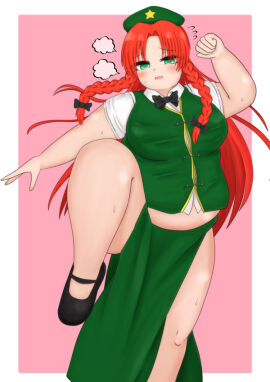 bbw belly_overhang big_belly big_female blush chubby chubby_female double_chin embarrassed fat fat_female fat_fetish fatty female giantess hong_meiling large_female mini_giantess obese obese_female overweight overweight_female plump pork_chop sweating thick_thighs touhou tubby weight_gain