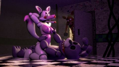 3d 4k animatronic arms_behind_head blue_body bonnie_(fnaf) bonniexmangle breasts brown_body closed_eyes dark_lighting dark_room disboi215 eyes_wide_open female five_nights_at_freddy's five_nights_at_freddy's_2 fnaf fox fox_ears fox_girl fox_tail foxy_(fnaf) highres holding_breast holding_waist lipstick mangle_(fnaf) missionary_position opening_door pink_body pink_nipples purple_body red_body red_cheeks red_lipstick robot rosy_cheeks sfm source_filmmaker staring straight watching watching_sex white_body