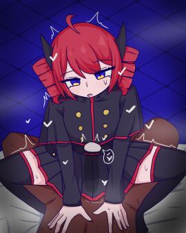 1boy 1girls 2d 2d_(artwork) absolute_territory ahoge alternate_eye_color blue_background blue_eyes blush censored censored_penis clothed_female clothed_female_nude_male cowgirl_position cum cum_in_pussy cum_in_uterus cum_inside daidaidaidaidaikirai dark-skinned_male dark_skin demon demon_girl demon_horns ejaculation female fully_clothed heart heart_symbol hearts_around_body horns kasane_teto looking_pleasured male motion_lines mv_character nude nude_male penis pussy red_hair sex sitting_on_person skirt steam steamy_breath straight succubus sweat sweatdrop sweating synthesizer_v thighhighs thighs twin_drills utau vaginal_penetration vaginal_sex voifoooork womb