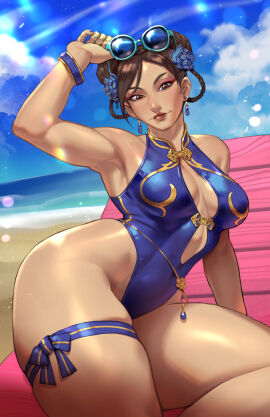 1girls asian asian_female beach brown_eyes brown_hair capcom chun-li cleavage cleavage_cutout curvy earrings eyewear_on_head female flowers_in_hair hair_buns light-skinned_female light_skin one-piece_swimsuit rim_jims street_fighter sunglasses swimsuit thick_thighs thigh_strap thighs