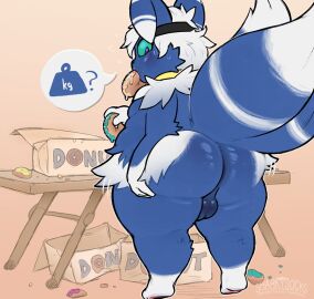 accessory anthro anus ass ass_grab backsack balls ballsack big_ass big_butt blue_body blue_fur blush bodily_fluids bottom_heavy box_of_donuts butt_grab dessert doughnut eating femboy fluffy fluffy_tail food fur generation_6_pokemon genitals girly hair hair_accessory hairband hand_on_ass hand_on_butt hi_res huge_ass huge_butt male male_meowstic meowstic multi_tail nintendo nude overweight overweight_anthro overweight_male pastry paws pokemon pokemon_(species) sharkysocks solo sweat sweatdrop tail teapot_(body_type) thick_thighs white_hair wide_hips