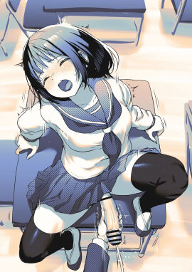 1futa 1other absurdres ambiguous_gender ayanakitori balls bar_censor blush bottomless breasts censored closed_eyes clothed clothing cum ejaculation female futa_focus futanari handjob highres human intersex long_sleeves medium_breasts monochrome mostly_clothed motion_lines neckerchief open_mouth orgasm original penis sailor_collar school_uniform serafuku short_hair sitting skirt solo_focus standing thighhighs