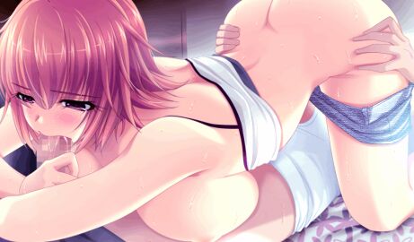 1boy 1girls 69 ahoge ane_to_osananajimi_wa_naka_ga_ii! animated ass atelier_kaguya atelier_kaguya_honky-tonk_pumpkin blush breasts brother_and_sister censored cunnilingus denim_shorts fellatio female game_cg huge_breasts incest large_breasts male oral orange_eyes orange_hair pants pants_down short_hair shorts straight takahashi_mitsuki yoppy