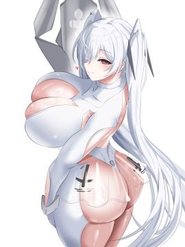 1girls anachiro_(nikke) ass back backless_outfit blush breasts cinderella_(nikke) cleavage cleavage_cutout clothing_cutout covered_collarbone cross eomo_(pyum3252) female frills from_behind goddess_of_victory:_nikke hair_over_one_eye heart hi_res huge_breasts large_ass leotard long_hair looking_at_viewer looking_back red_eyes see-through shield simple_background smile solo solo_female thighs turtleneck twintails voluptuous weapon white_background white_hair white_leotard