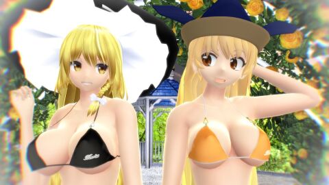2023 2girls 3d arm_on_head bikini black_bikini_top blonde-haired_female breasts clavicle cleavage deity duo_female duo_focus female garden god hat hati_yukkuri_mmd headwear hidden_star_in_four_seasons human light-skinned_female light_skin long-haired_female looking_at_each_other marisa_kirisame mmd okina_matara one_arm_up open_mouth outdoors smiling swimsuit touhou upper_body_focus white_bowtie white_outline witch_hat yellow_bikini_top yellow_flower