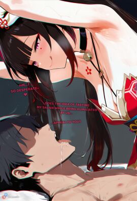 1boy 1girl1boy 1girls ai_generated armpit_fetish armpits breasts cleavage clothed_female_nude_male cottonmilk dialogue faceless_male female_on_top femdom honkai:_star_rail humiliation humiliation_fetish looking_at_partner looking_down lying lying_on_bed open_mouth saliva salivating smug smug_face sparkle_(honkai:_star_rail) sweaty sweaty_armpits sweaty_body teasing tongue
