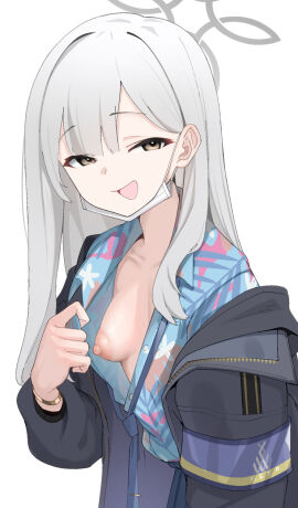 1girls bangs blue_archive blunt_bangs breast_reveal breasts collared_shirt eyebrows eyebrows_raised facemask facemask_on_chin female floral_print grey_hair hair_between_eyes halo human jacket konoka_(blue_archive) large_areolae light-skinned_female light_brown_eyes light_skin long_hair mannen_junyuuki nipple_slip one_breast_out open_mouth presenting presenting_breast presenting_breasts print_shirt public public_peace_bureau_(blue_archive) simple_background smile solo streaked_hair valkyrie_police_school_student white_background white_hair