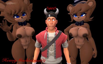 1boy 2girls 3d 3d_(artwork) bear blue_eyes breasts cally3d clazzey cryptiacurves fazclaire's_nightclub female five_nights_at_freddy's freckles freddy_(fnaf) fredina's_nightclub fredina_(cally3d) frenni_(cryptia) frenni_fazclaire fully_clothed_male fully_nude furry heavymachinima69 large_breasts male nipples pussy scottgames scout_(team_fortress_2) team_fortress_2 text twins valve