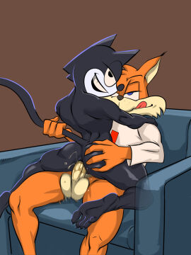 2024 4_fingers 5_toes anal anal_sex anthro anthro_on_anthro anthro_penetrated anthro_penetrating anthro_penetrating_anthro ass ass_grab balls barefoot black_body black_eyes black_fur blue_eyes bobcat bodily_fluids bottomless bubsy bubsy_(series) butt_grab chair clothed clothing crossover dipstick_ears domestic_cat dreamworks duo ear_markings erection feet felid feline felis felix_the_cat felix_the_cat_(series) fingers from_front_position fur furniture gay genital_fluids genitals half-closed_eyes hand_on_ass hand_on_butt hi_res humanoid_genitalia humanoid_penis jackofak licking licking_lips looking_at_viewer looking_back looking_back_at_viewer lynx male male/male male_penetrated male_penetrating male_penetrating_male mammal mastery_position multicolored_ears narrowed_eyes nude open_mouth open_smile orange_body orange_fur penetration penis precum sex sitting smile straddling sweater tail tail_grab tan_body tan_fur thrusting toes tongue topwear universal_studios white_body white_fur