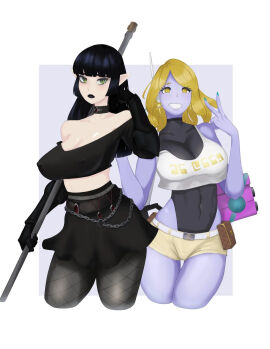 2girls aeldari alien alien_girl bimbo black_clothing black_hair black_lips black_lipstick blonde_hair blue_nail_polish blue_skin blue_skinned_female boob_window breasts chains choker cleavage cleavage_window eldar elf_ears eyeshadow farseer female female_only fully_clothed gem gloves gold_eyes goth goth_girl green_eyes gun gyaru jewelry leotard light-skinned_female light_skin lipstick long_fingernails long_hair makeup multiple_females multiple_girls mynameisrobotjones nail_polish painted_nails pale-skinned_female pale_skin plasma_gun plasma_rifle pointy_ears psychic psyker purse revealing revealing_clothes short_shirt short_shorts shorts skimpy skimpy_clothes skirt smiling staff tau tight_clothes tight_clothing warhammer_(franchise) warhammer_40k xenophilia yellow_eyes