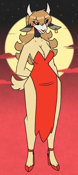 beauty_mark beauty_mark_on_breasts big_breasts blush breasts brown_hair cleavage cloud clouds cow cow_ears cow_girl cute dress ear_piercing earrings elegant female feminine flat_colors furry gradient_background high_heels horns huge_breasts long_hair looking_at_viewer moon moonlight nerdyreindeer not_porn red_dress sfw short_tail skull_head solo solo_female solo_focus stretch_marks tan_fur tan_skin thick_thighs wide_hips yellow_eyes