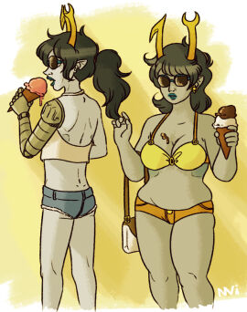 2girls alien aranea_serket beach bikini black_hair color colored colored_skin fangs female female_only glasses grey_skin headgear headwear homestuck homestuck_troll horn horns ice_cream long-haired_female long_hair naughtyvixens prosthetic prosthetic_arm robotic_arm robotic_limb sfw shades sunglasses troll unusual_anatomy unusual_eyes vriska_serket