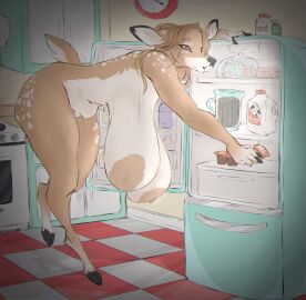 anthro areolae ass bending_forward big_ass big_breasts breasts brunette_hair bunny_ears cleavage dullvivid female fiona_fawnbags_(dullvivid) food fridge furry hanging_breasts hooves huge_ass huge_breasts indoors kitchen large_areolae mammal mammal_humanoid nipples nude thick_thighs wide_hips