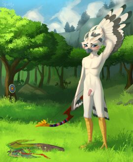 aged_up anthro arrow_(weapon) avian avian_feet balls beak blue_eyes blush bow_(weapon) clothing cloud detailed_background discarded_clothing feathered_wings feathers forest genitals hi_res male male_only nintendo nude nude_anthro nude_male penis plant ranged_weapon rito sky skyscape solo spotty.cat tapering_penis target target_practice tears_of_the_kingdom the_legend_of_zelda tree tulin_(zelda) weapon white_balls white_body wings young