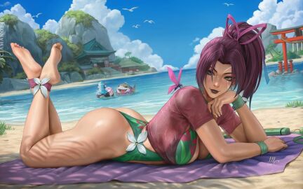 2girls asian asian_female ass barefoot beach beach_towel bird blue_eyes blue_hair blue_sky breasts bug cleavage cloud crossed_ankles day feet feet_up full_body green_one-piece_swimsuit hair_intakes high_ponytail japanese_female jeff_the_land_shark korean_female large_breasts legs light-skinned_female light_skin lipstick long_hair looking_at_viewer luna_snow luna_snow_(cool_summer) luna_snow_(marvel_rivals) lying marvel marvel_rivals multicolored_hair multiple_girls mutant_(marvel) official_alternate_costume on_stomach one-piece_swimsuit outdoors ponytail psylocke psylocke_(breezy_butterfly) psylocke_(marvel_rivals) purple_hair purple_lips purple_lipstick purple_shirt sai_(marvel) sand sciamano240 seagull seol_hee shirt sky soles solo_focus split-color_hair swimsuit temple the_pose thighs toes torii towel water white_hair