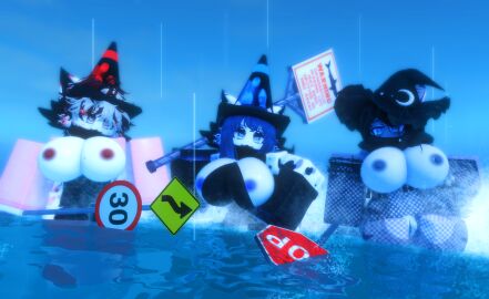 3d 3girls blue_skin blurry_background caution_sign cone crop_top dominant_female female fishnets glasses grey_skin naked_female pussy raining red_skin roblox robloxian sea shark sign smug_face trio ursula_abe witch_hat