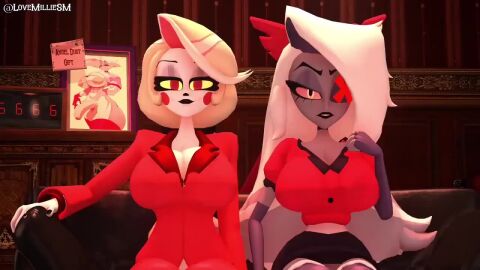 2girls 3d 3d_(artwork) animated areolae big_breasts blonde_hair boobs_out bouncing_breasts breast_expansion breast_growth breast_growth_(enlargement) breasts bursting_breasts button_pop canon_couple charlie_morningstar_(hazbin_hotel) demon demon_girl erect_nipples eyepatch female female_only grey_skin hair hazbin_hotel huge_breasts inflation large_breasts looking_at_viewer lovemilliesm mp4 nipples ripped_shirt shirt_ripping smile smirk sound sound_edit spindlehorse_toons tagme top_heavy vaggie_(hazbin_hotel) video vivienne_medrano vivziepop wardrobe_malfunction white white_skin