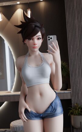 1girls 3d bedroom blender blizzard_entertainment blush brown_eyes brown_hair female female_focus female_torso full_color fully_clothed katoyngo kneeling mirror mirror_selfie naked naked_female no_penetration overwatch overwatch_2 petite_body phone seductive selfie short_hair solo solo_female solo_focus spiky_hair taking_picture tracer