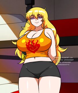 1girls 2d 2d_(artwork) animated big_breasts blonde_female blonde_hair bouncing_breasts breasts busty cleavage clothed clothed_female female female_only giant_breasts gif hands_behind_back huge_breasts jadenkaiba long-haired_female long_hair purple_eyes robotic_arm rwby short_shorts solo yang_xiao_long