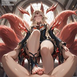 ahri_(league_of_legends) ai_generated blonde-haired_female blonde_female blonde_hair breasts devious_smile foot_fetish foot_focus foot_play footjob fox fox_ears fox_girl fox_tail immortalized_legend_ahri league_of_legends looking_at_penis looking_at_viewer looking_down looking_pleasured male male/female male_pov nude nude_male nudity penis red_fur red_tail riot_games small_penis smug smug_face smug_smile stepped_on stepping_on_penis