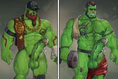 2boys balls bara beard big_balls big_penis blueglueclue body_hair completely_nude erection facial_hair gay green-skinned_male green_body green_skin hairy hairy_arms hairy_chest hairy_male hard_on huge_balls huge_cock jockstrap leg_hair looking_at_viewer male male_focus male_nipples male_only male_pubic_hair masculine_male muscular muscular_chest muscular_male nipple_piercing nipples nude nude_male orc orc_male penis piercing pointy_ears precum precum_drip pubic_hair solo solo_male sweat sweating teeth teeth_visible tusks underwear varik_(ghangaji) yaoi