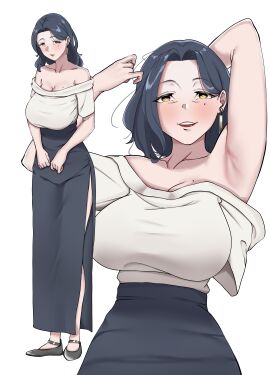 absurdres arm_up armpits bare_shoulders black_shoes black_skirt breasts cleavage earrings female highres jewelry large_breasts long_legs long_skirt long_sleeves mature_female mole mole_on_breast multiple_views original ringo6678 sagging_breasts shirt shoes skirt white_background white_shirt yellow_eyes