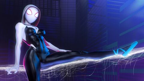 1girls abs ballerina_shoes city city_background cityscape female guiltyk gwen_stacy latex latex_clothing latex_suit marvel marvel_comics mask masked masked_female solo_female spider-gwen spider-man_(series) superhero superhero_costume superheroine tagme web webs
