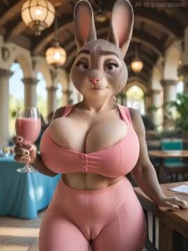 ai_generated animated anthro av-10 big_breasts bonnie_hopps breasts camel_toe cleavage clothed clothing disney female genitals holding_glass holding_object lagomorph leporid looking_at_viewer mammal mature_female pussy rabbit restaurant short_playtime solo tagme video zootopia
