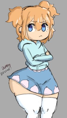 arms_crossed ass big_ass blonde_hair blue_eyes blue_hoodie blue_skirt bottom_heavy flat_chest mochikirb thick_thighs twintails white_thighhighs