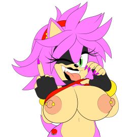 amy_rose anthro bimbo black_eyeliner black_gloves breasts ear_piercings fingerless_gloves flashing flashing_breasts furry green_eyes hedgehog huge_breasts long_eyelashes looking_at_viewer makeup messy_hair middle_finger mobian_(species) navel nipple_piercings painted_nails peach_skin pink_hair pink_nails ravnic red_headband red_top sega sharp_nails sharp_teeth shirt_lift simple_background smile sonic_(series) tail tattoo teasing tongue_out tramp_stamp white_background winking_at_viewer
