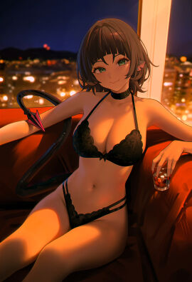 95_(jiuwujiang) absurdres animal_ears black_bra black_choker black_hair black_panties blush bra breasts choker city_lights cleavage closed_mouth commentary couch cup drinking_glass english_commentary female green_eyes hair_intakes highres holding holding_cup indoors jane_doe_(zenless_zone_zero) lace lace_choker large_breasts long_hair looking_at_viewer mouse_ears mouse_girl mouse_tail navel night night_sky on_couch panties sitting sky smile solo stomach tail underwear underwear_only zenless_zone_zero