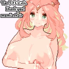 1boy 1girls animated breasts breasts_out completely_nude cum ejaculation ejaculation_between_breasts endless_cum female green_eyes hair_ornament handjob huge_breasts huge_nipples infinite_cum male momiahair nipples nude nude_female pixel_animation pixel_art titjob unseen_male_face very_long_hair