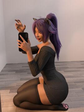 1girls 3d ass bleach bottom_heavy female female_only huge_ass kneeling mirror_selfie popogori selfie shihouin_yoruichi skindentation solo solo_female thick_thighs thighhighs