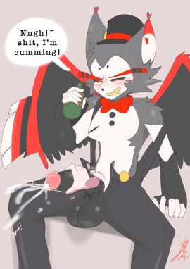 2024 absurd_res alcohol anthro arm_tuft balls beverage beverage_bottle big_balls big_penis biped black_sclera blush bodily_fluids bottle bottomwear bow_tie cat_demon claws clothed clothing container cum cumshot demon digital_media_(artwork) drooling ear_tuft ejaculation english_text erection eyebrows feathered_wings feathers felid feline fur genital_fluids genitals hand_on_penis handjob hat hazbin_hotel headgear headwear heart_(marking) hi_res holding_object humanoid_genitalia humanoid_penis husk husk_(hazbin_hotel) inner_ear_markings male mammal markings multicolored_body multicolored_fur open_bottomwear open_clothing open_mouth open_pants orgasm orgasm_face pants penile penis red_wings saliva sex sharp_teeth shoulder_tuft solo sound_effects speech_bubble suspenders symbol tabascomilk tail teeth text tongue tuft two-tone_body two-tone_fur vein veiny_penis wings yellow_eyes zipper_down