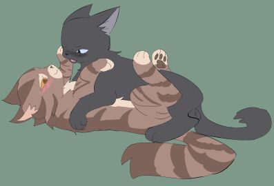 balls black_body black_fur bloowolfy brown_body brown_fur crowfeather_(warriors) domestic_cat duo felid feline felis female feral feral_on_feral fur genitals green_background hi_res leafpool_(warriors) male male/female mammal open_mouth sex simple_background smile warriors_(book_series)