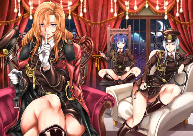 2d 3girls belt dominant_female dominatrix female female_only femdom holding_belt holding_whip military_hat military_jacket military_uniform miryuku multiple_doms multiple_females multiple_girls riding_crop whip