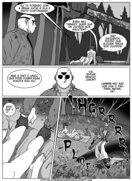 1girls 2boys breasts comic death female friday_the_13th gore guro hockey_mask human_death interrupted_sex jason_voorhees killing machete male male_death male_ryona penis ryona straight translation_request tree