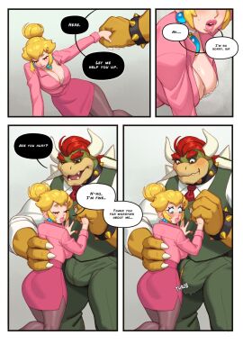 1boy 1girls 2024 4_fingers alternate_costume anthro aroused ass back back_view big_ass big_breasts big_lips blonde_hair blue_eyes blush bowser bra bra_peek bracelet breasts bulge busty cleavage closed_eyes clothed clothed_female clothed_male clothing collar comic comic_page curvaceous curvy dialogue duo earrings embarrassed english_text erection female from_behind front_view fully_clothed green_clothing hair hair_bun hand_holding hi_res himbo holding_hands horns human interspecies large_ass large_breasts larger_male legs_together lips lipstick long_hair male male/female mario_(series) nail_polish necklace necktie nintendo office office_clothing office_lady pantyhose penis pink_clothing pink_lipstick pink_nails plump_lips princess_peach rear_view red_eyes red_hair rizdraws scalie size_difference skirt smaller_female speech_bubble spiked_bracelet spiked_collar standing suit surprised sweat sweatdrop sweating sweaty sweaty_breasts talking text thick_lips thick_thighs thighs throbbing_penis voluptuous wide_hips