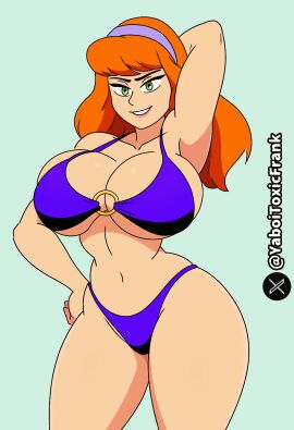 bikini breasts daphne_blake female green_eyes hand_on_head hand_on_hip huge_breasts looking_at_viewer purple_clothing red_hair scooby-doo self_upload slim_waist smiling_at_viewer warner_brothers wide_hips yaboitoxicfrank