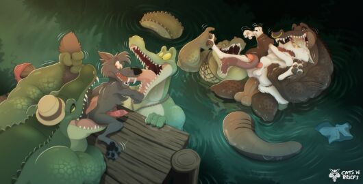 alligator alligatorid anal anal_sex animal_genitalia animal_penis anthro balls belly big_belly buckguard_(woofbad) canid canine canine_genitalia canine_penis catsnbriefs clothing crocodilian erection facial_piercing genitals group hat headgear headwear hi_res humanoid_genitalia humanoid_penis knot knotted_penis licking male male/male mammal nose_piercing nose_ring overweight overweight_anthro overweight_male pagil_(dogandwolffang) pawpads paws penetration penis piercing pond questionable_consent reptile ring_piercing scalie sharp_teeth sheath shirt skinny skinny_anthro skinny_male tail tail_grab teeth tongue tongue_in_mouth toony toony_expression topwear water