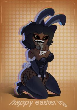 black_hair black_heels black_sclera black_stockings bunny_girl bunnysuit cyn_(murder_drones) cyntessa_(murder_drones) dark_skin female female_only fishnets furry_murder_drone glitch_productions happy_easter murder_drones skinsuit suggestive tessa_elliot tongue tongue_out x-shaped_pupils yellow_eyes