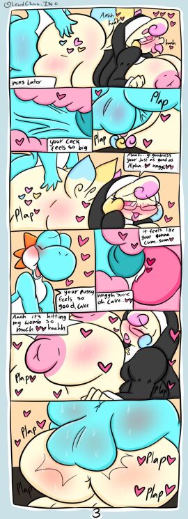 anthro ass balls big_ass big_balls big_breasts big_butt big_penis blue_body bodily_fluids breasts cake_(lewdchuu) comic comic_page cum dinosaur duo english_text female generation_4_pokemon genital_fluids genitals hi_res huge_ass huge_breasts huge_butt huge_cock lewdchuu_(artist) male male/female mario_bros nintendo nun nun_outfit page_3 page_number penetration penis pokemon pokemon_(species) prehistoric_species pussy reptile scalie togekiss vaginal_penetration white_body yoshi