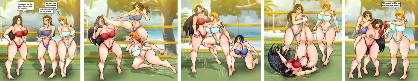 3girls big_breasts bikini boa_hancock breasts catfight dialogue female female_only fight kick kicking long-haired_female long_hair malphasbcs multiple_females multiple_girls nami_(one_piece) nico_robin nipples one_piece punch punching ryona tagme text text_bubble trio trio_focus wrestling wrestling_ring