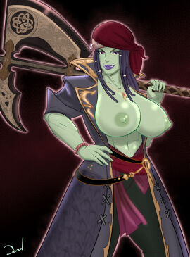 abs axe big_breasts breasts breasts_out coat dazol dreadlocks female female_only final_fantasy_xiv great_axe green-skinned_female green_skin huge_breasts large_breasts lipstick looking_at_viewer muscular muscular_female necklace orc orc_female original_character pirate roegadyn solo solo_female toned_female tusks